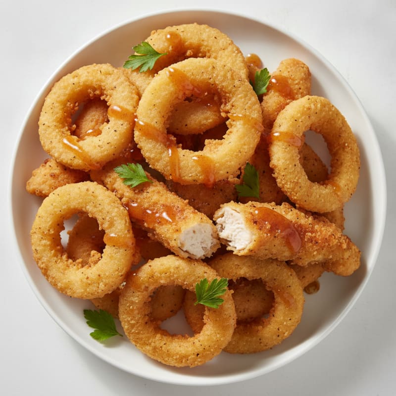 Beer-Battered Onion Rings with Crispy Chicken