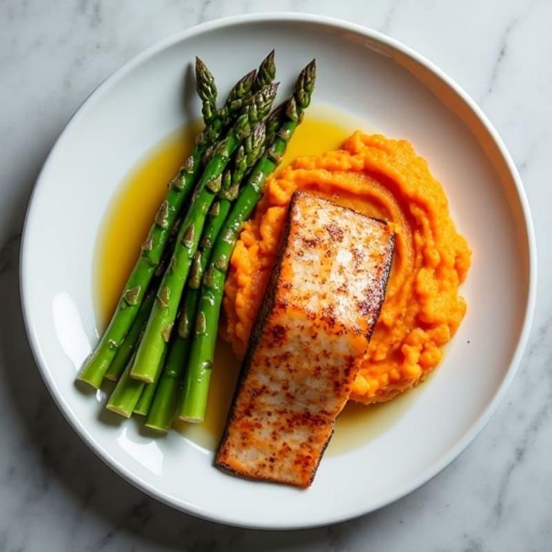 Seared Salmon Fillet with Steamed Asparagus and Sweet Potato Mash