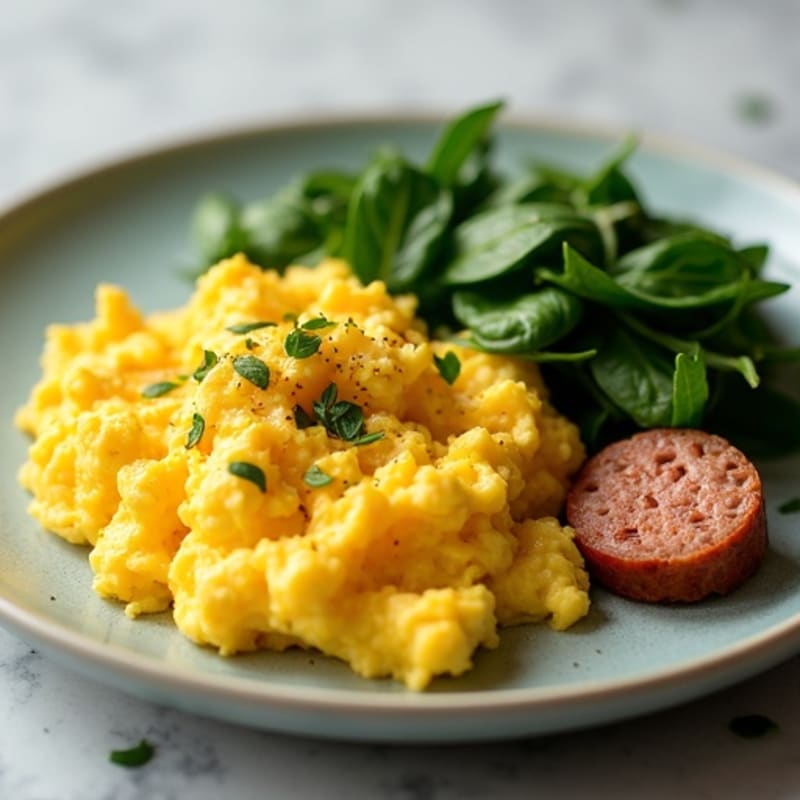 Fluffy Scrambled Eggs with Fresh Spinach and Lean Turkey Sausage