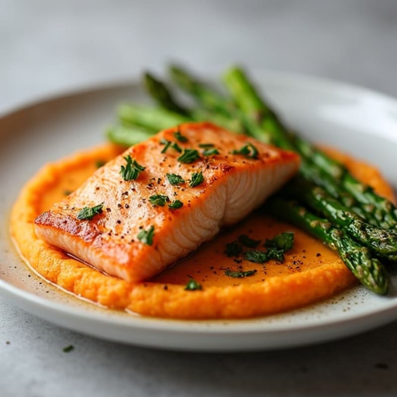 Seared Salmon with Roasted Asparagus and Sweet Potato Mash