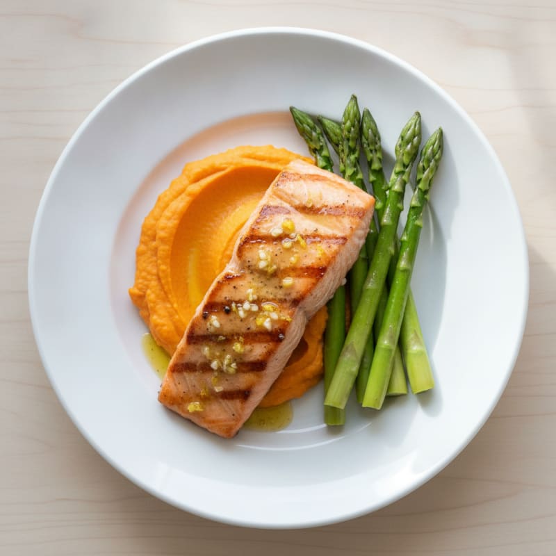 Grilled Salmon Fillet with Steamed Asparagus and Sweet Potato Mash