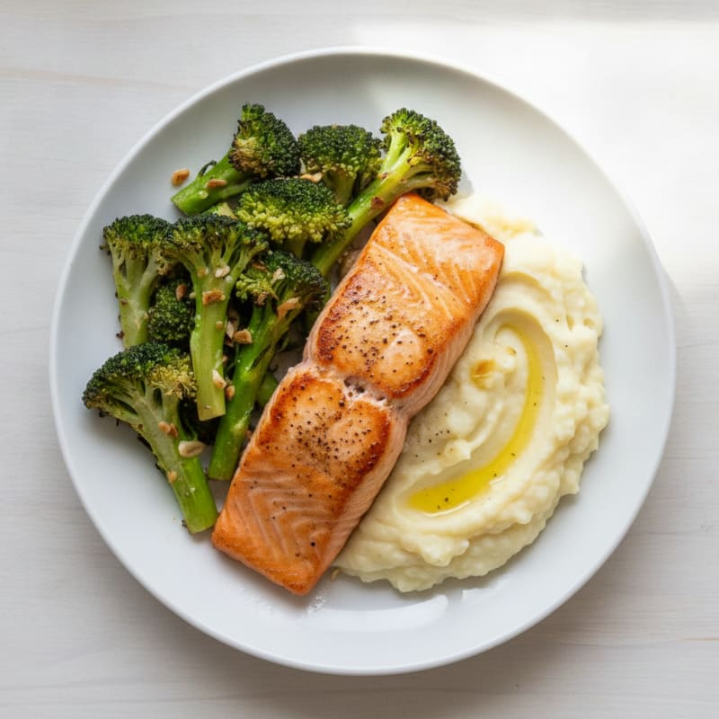 Seared Salmon with Roasted Broccoli and Garlic Mashed Cauliflower