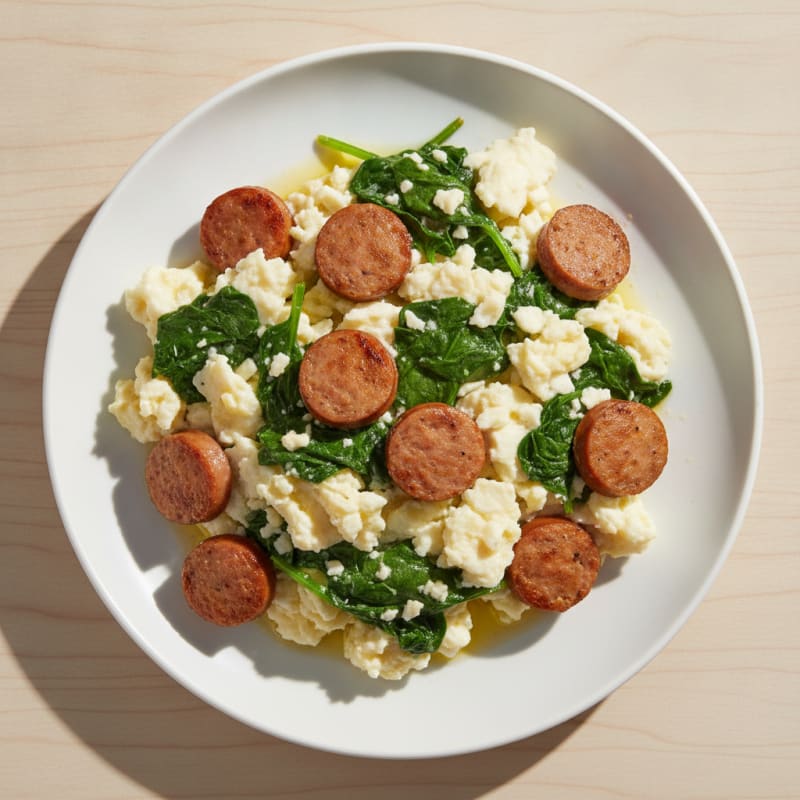 Egg White Scramble with Turkey Sausage and Sautéed Spinach