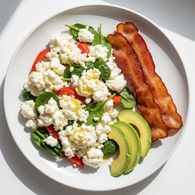 Egg White Veggie Scramble with Cottage Cheese and Turkey Bacon