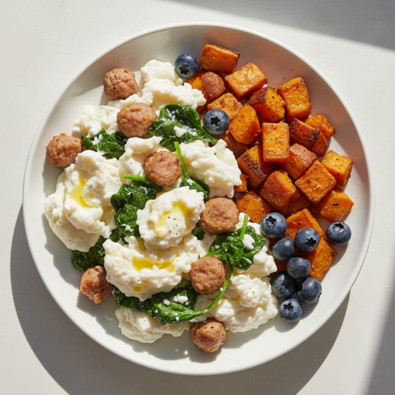 Scrambled Egg Whites with Chicken Sausage and Sautéed Spinach