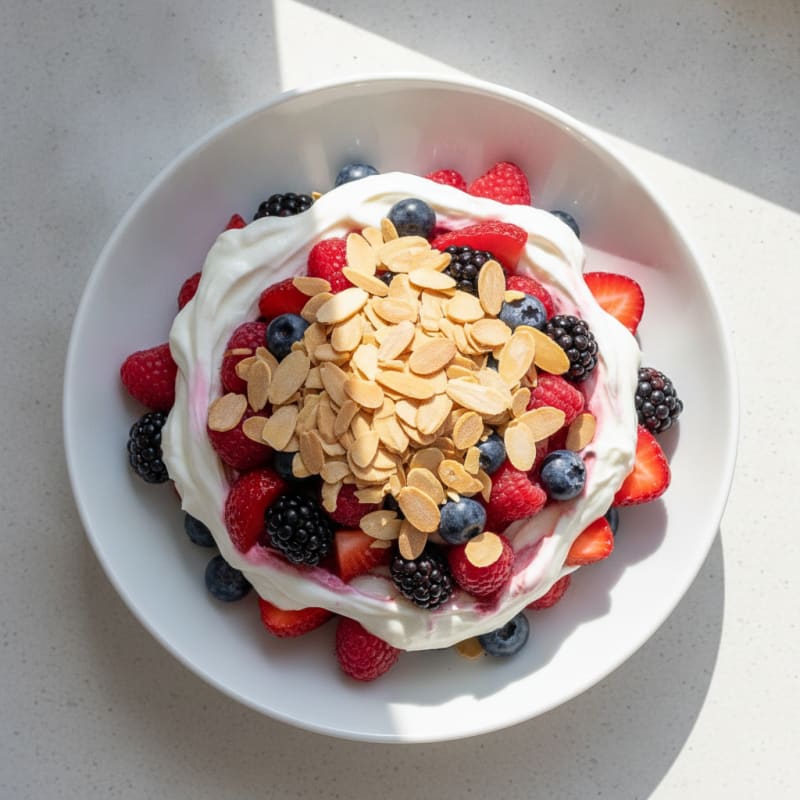 Greek Yogurt Protein Parfait with Mixed Berries and Almonds