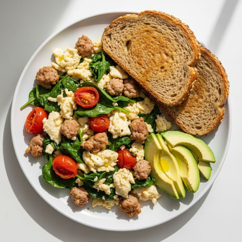Egg White and Turkey Sausage Scramble with Spinach and Tomatoes