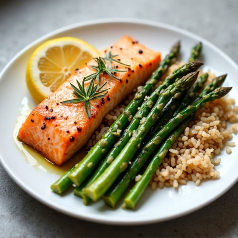 Seared Salmon with Steamed Asparagus and Brown Rice