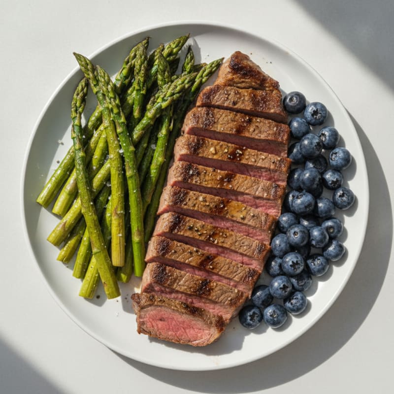 Pan-Seared Steak with Roasted Asparagus and Fresh Berries