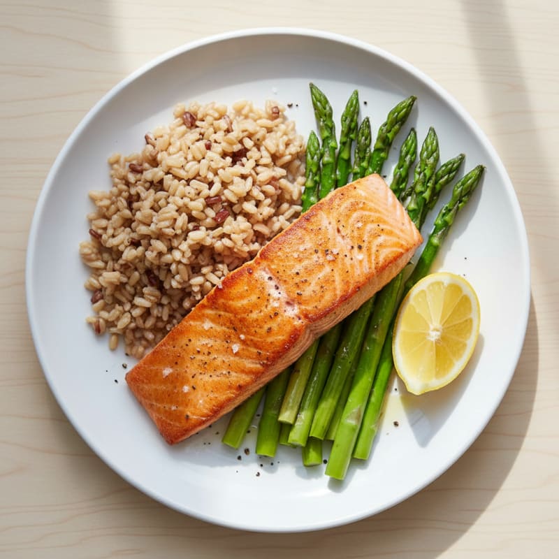 Seared Salmon Fillet with Steamed Asparagus and Brown Rice