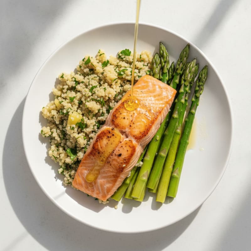 Seared Salmon with Herb Quinoa and Steamed Asparagus