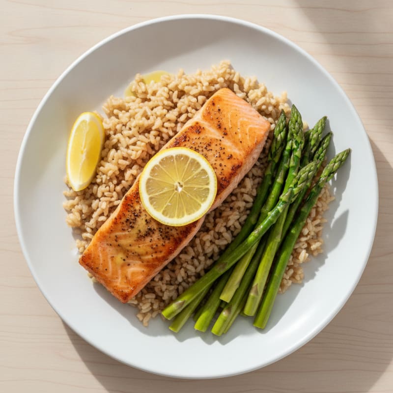 Seared Salmon Filet with Steamed Asparagus and Brown Rice