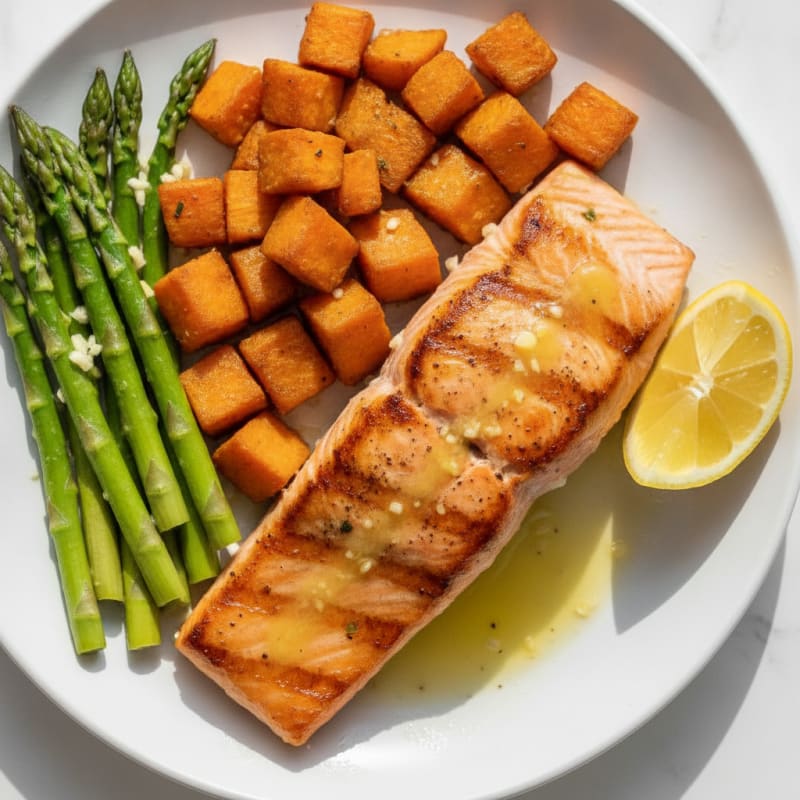 Seared Salmon with Roasted Sweet Potato and Asparagus
