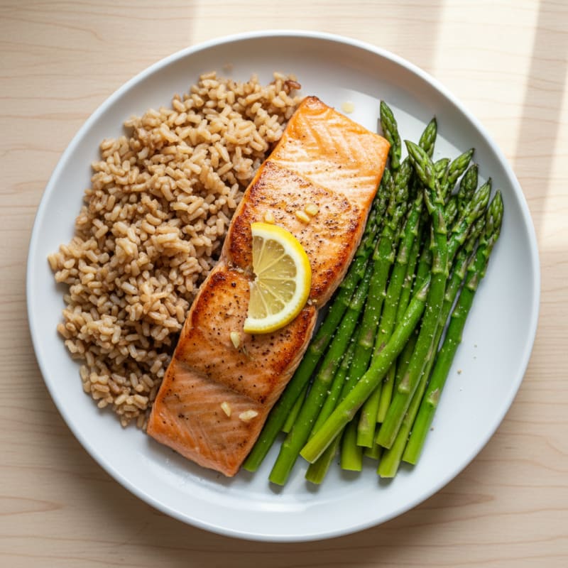 Seared Salmon with Steamed Asparagus and Brown Rice