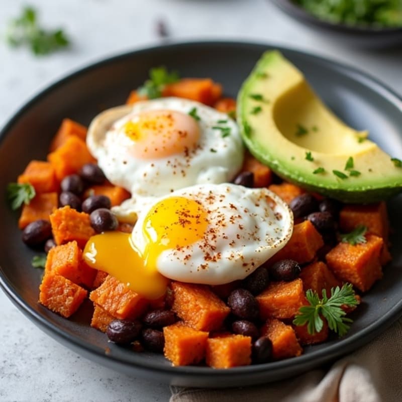 Crispy Sweet Potato Hash with Poached Eggs and Avocado