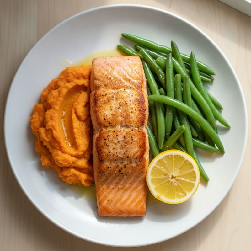 Seared Salmon with Steamed Green Beans and Sweet Potato Mash