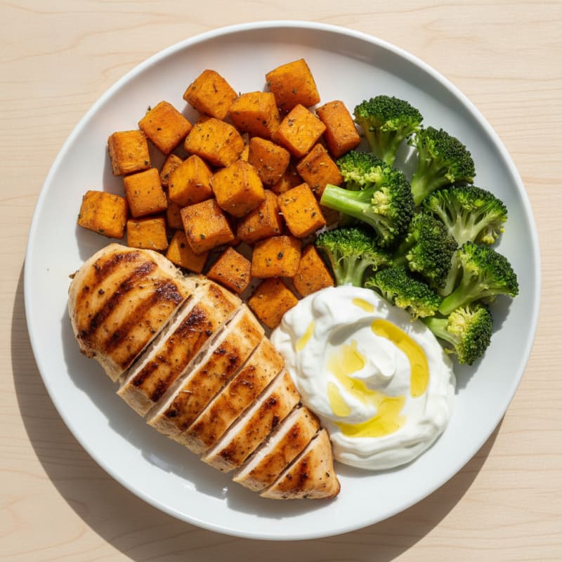 Grilled Chicken Breast with Roasted Sweet Potato and Steamed Broccoli