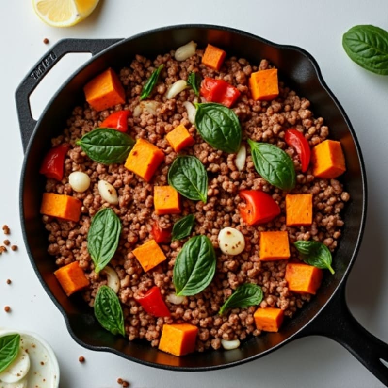 Savory Ground Beef and Roasted Sweet Potato Skillet