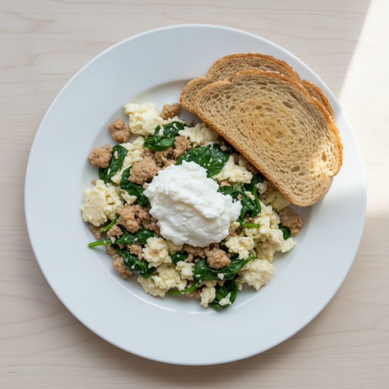 Egg White and Turkey Spinach Scramble with Cottage Cheese