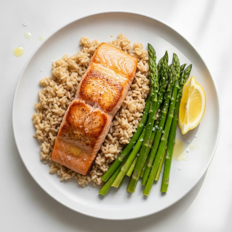 Seared Salmon Fillet with Steamed Asparagus and Brown Rice