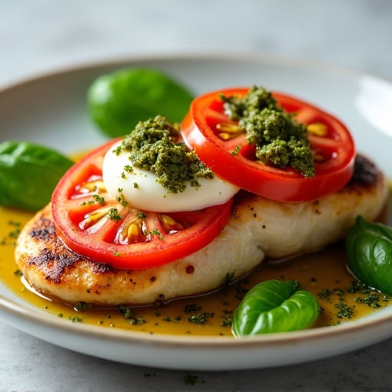 Pan-Seared Chicken with Fresh Tomato, Creamy Mozzarella, and Basil Pesto