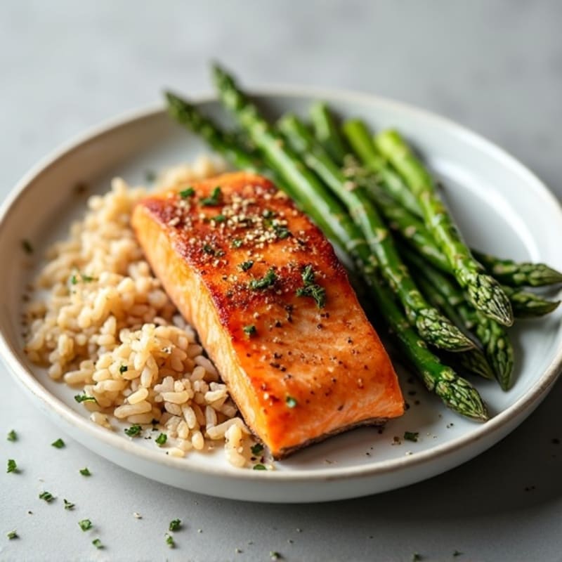 Seared Salmon with Steamed Asparagus and Brown Rice