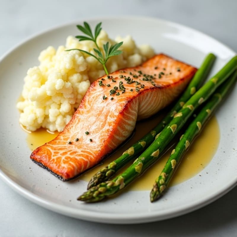 Seared Salmon with Steamed Asparagus and Garlic Mashed Cauliflower
