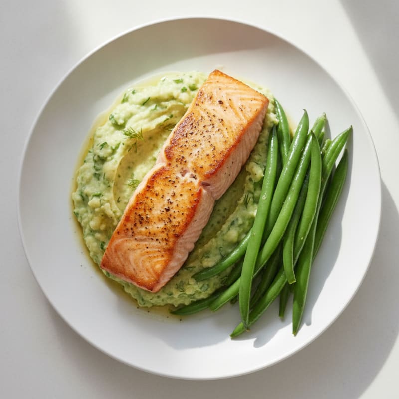 Seared Salmon with Steamed Green Beans and Herb Cauliflower Mash