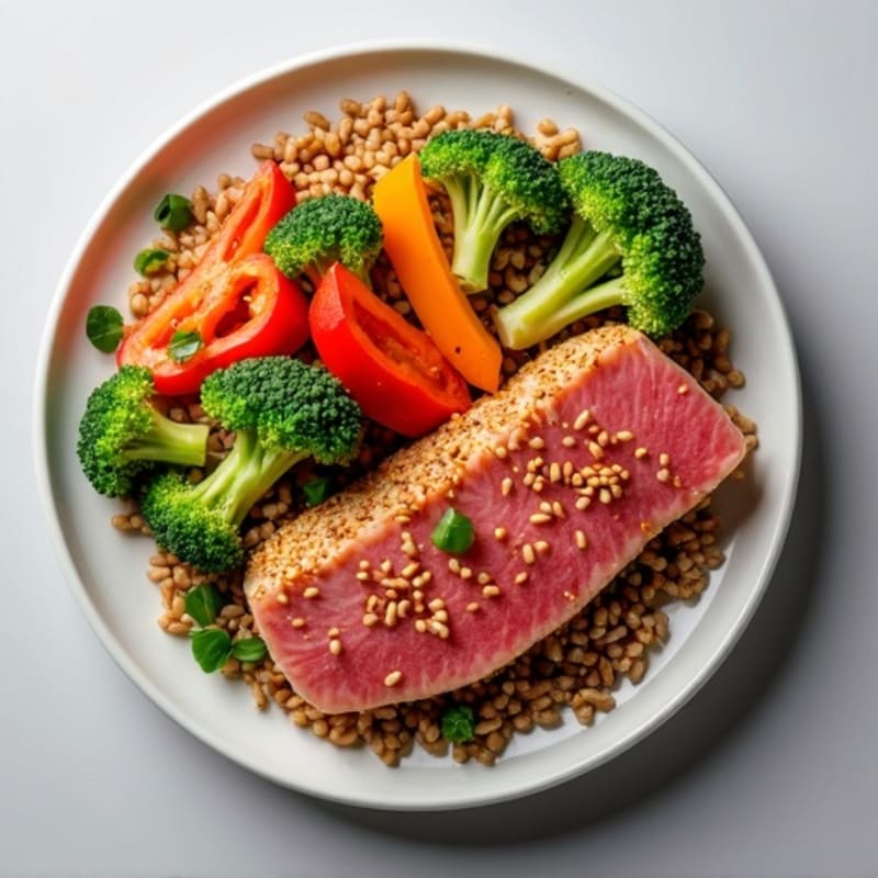 Sesame-Ginger Fresh Tuna with Crispy Vegetables and Brown Rice