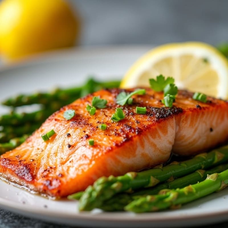 Crispy Skin Salmon with Roasted Asparagus and Lemon