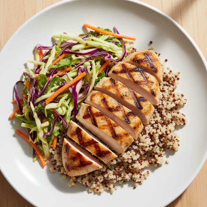 Grilled Chicken Breast with Crunchy Cabbage Slaw and Quinoa