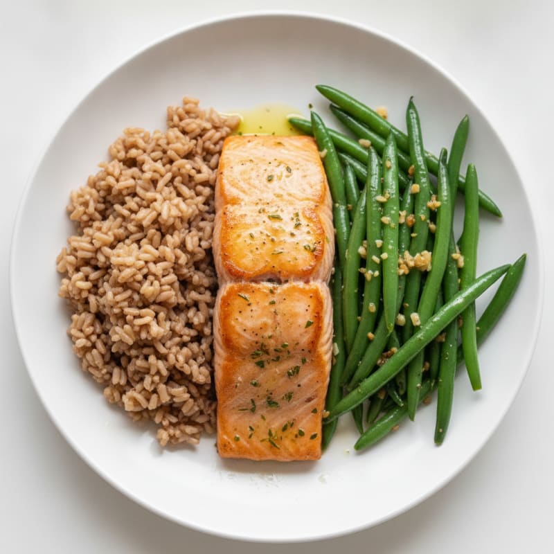 Seared Salmon with Garlic Green Beans and Brown Rice