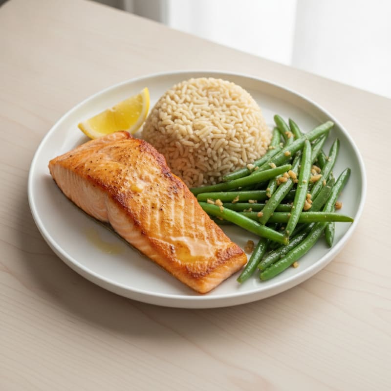 Seared Salmon with Garlic Green Beans and Brown Rice