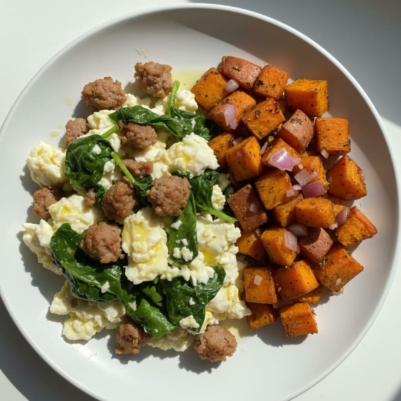Scrambled Egg Whites with Turkey Sausage and Sautéed Spinach