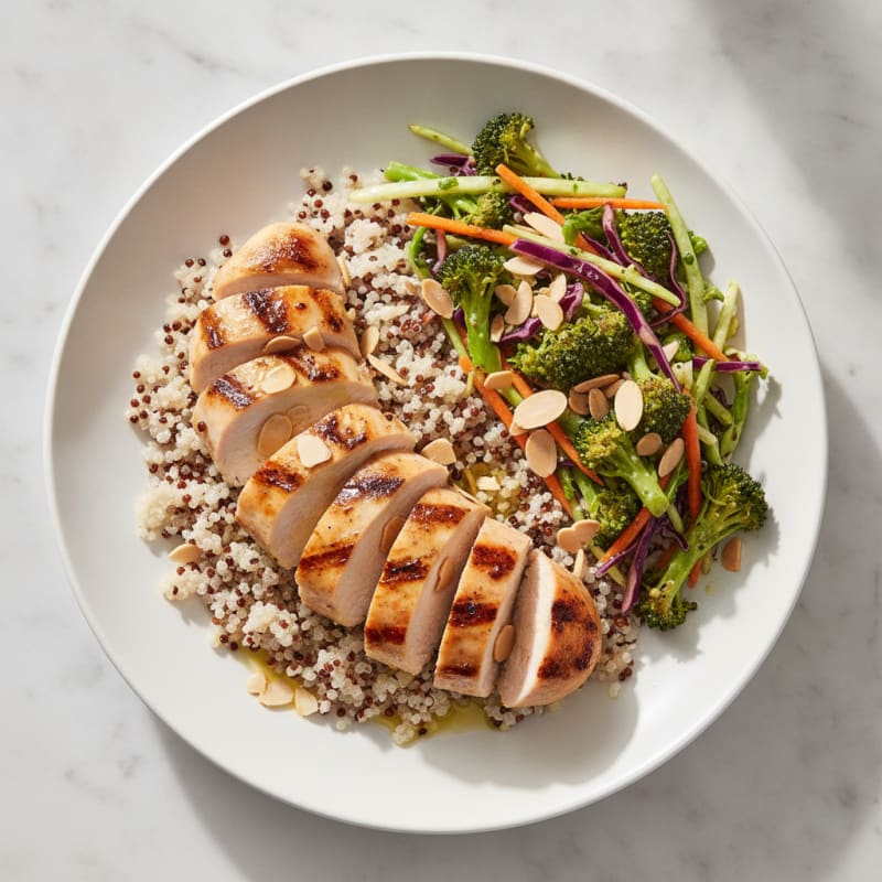Grilled Chicken Breast with Quinoa and Crunchy Broccoli Slaw