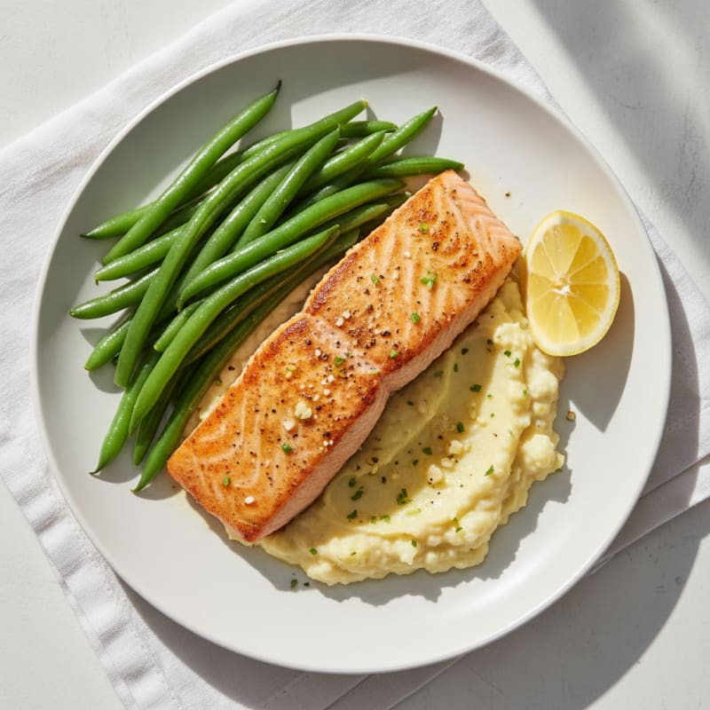 Seared Salmon with Steamed Green Beans and Cauliflower Mash