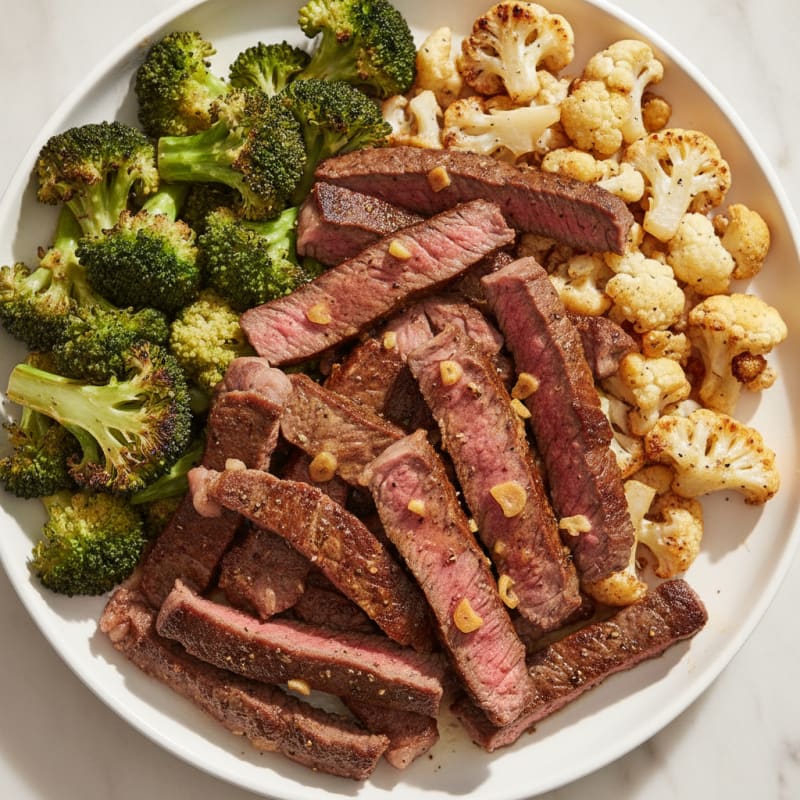 Seared Lean Beef Strips with Roasted Broccoli and Cauliflower