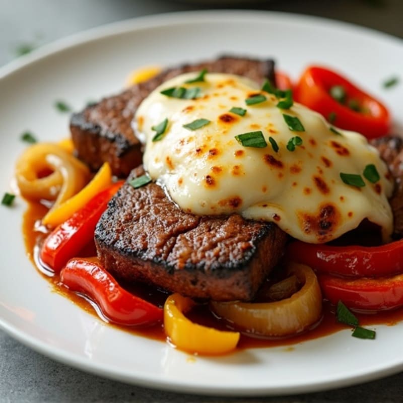 Lean Skillet Seared Beef with Caramelized Onions, Bell Peppers, and Creamy Provolone