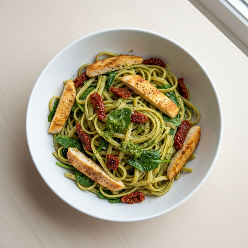 Pesto Chicken Linguine with Sun-Dried Tomatoes