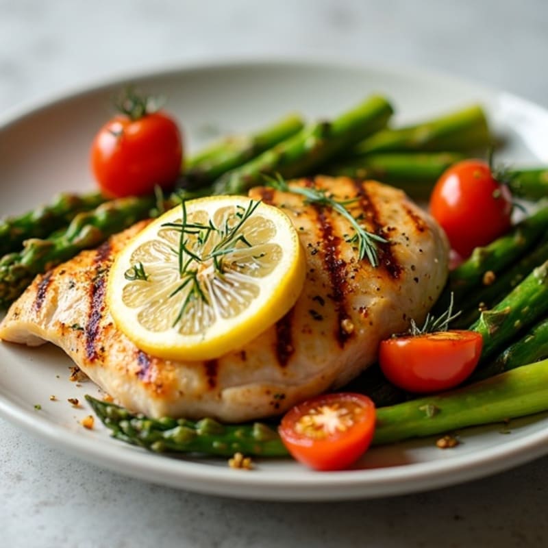 Grilled Lemon-Herb Chicken with Roasted Asparagus and Cherry Tomatoes
