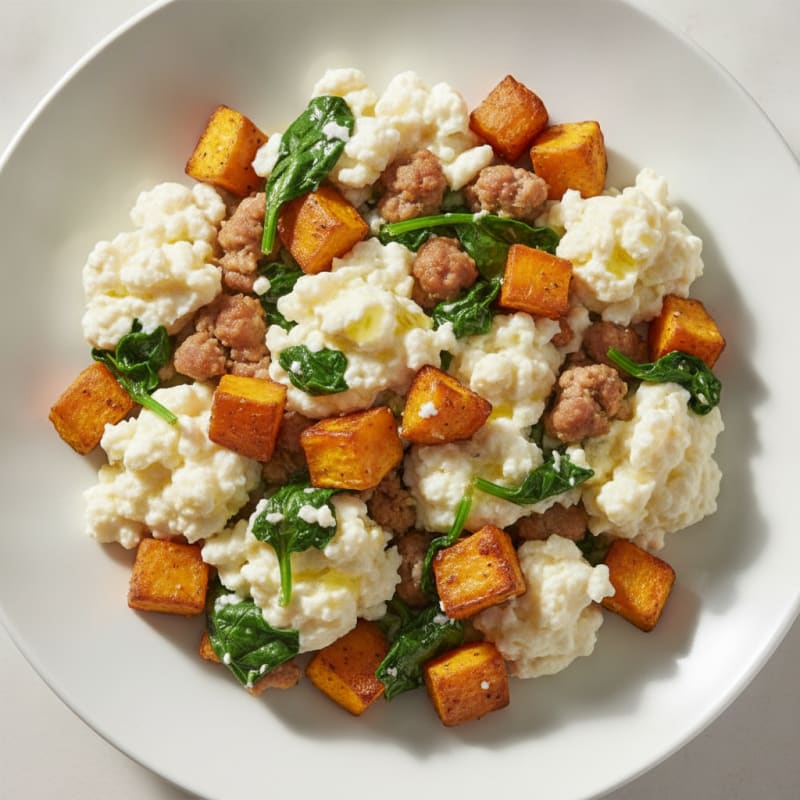 Egg White and Turkey Sausage Scramble with Spinach and Roasted Sweet Potatoes