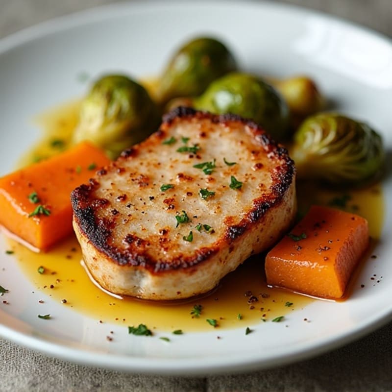 Pan-Seared Pork Chops with Roasted Brussels Sprouts and Sweet Potato