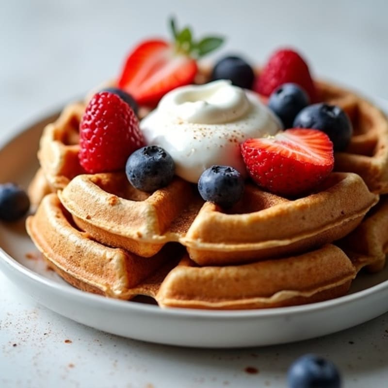 Crispy Whole Grain Cinnamon Protein Waffles with Fresh Berries and Creamy Greek Yogurt