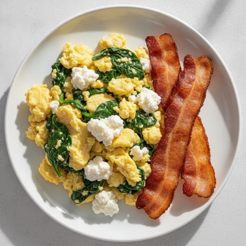 Cottage Cheese Egg Scramble with Spinach and Turkey Bacon