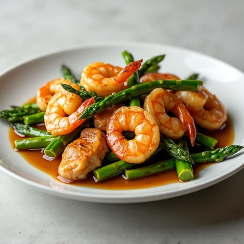 Tender Chicken and Shrimp Teriyaki Stir-Fry with Asparagus