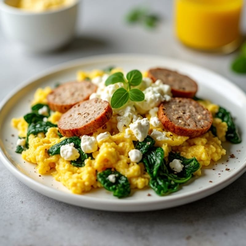 Egg White and Turkey Sausage Scramble with Spinach and Cottage Cheese