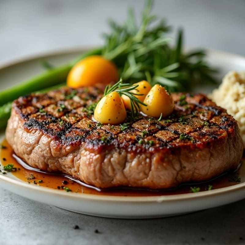 Herb-Crusted Pan Seared Steak with Roasted Garlic