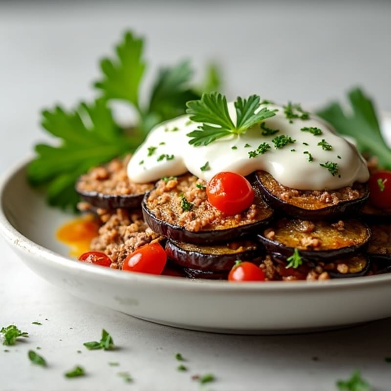 Lean Ground Lamb and Roasted Eggplant Bake with Creamy Topping
