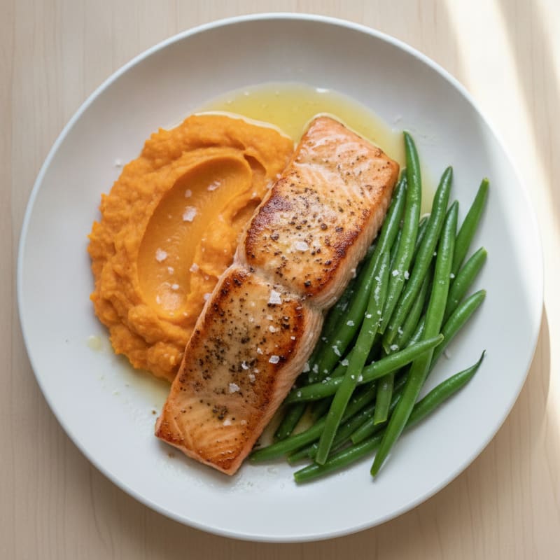 Seared Salmon with Steamed Green Beans and Sweet Potato Mash