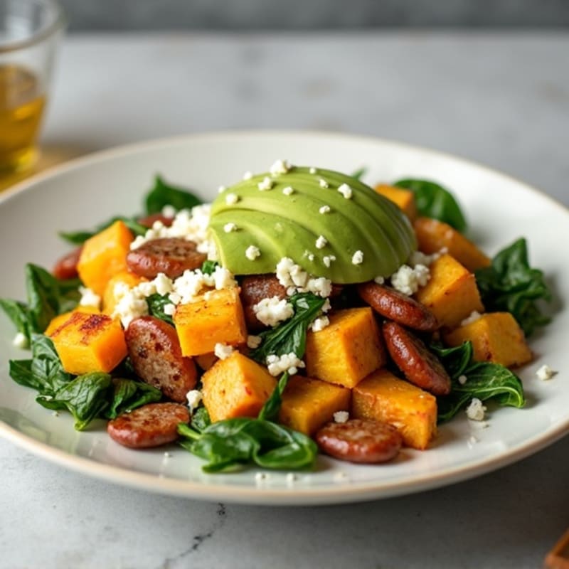 Egg White and Turkey Sausage Scramble with Spinach and Roasted Sweet Potatoes